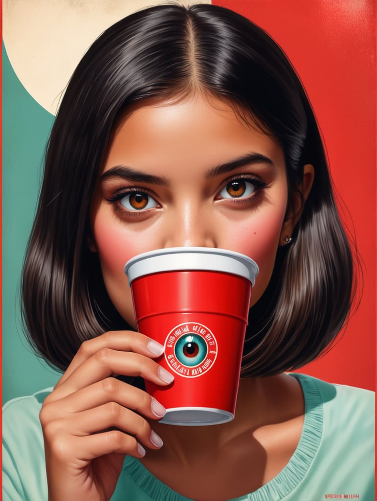 Miami young girl holding a red cup eye-catching poster-style drawing and illustration representing the iconic pulp style.
