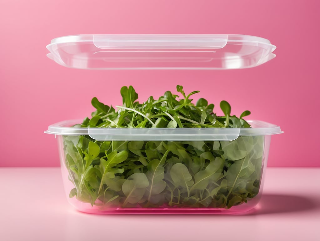 blank Transparent Plastic Container with Arugula Salad, isolated, pink background, Mockup, mock up