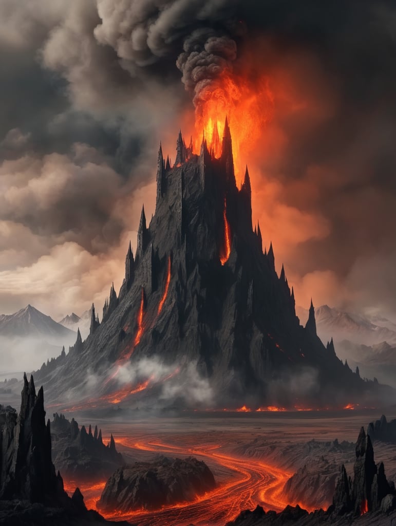 Lord of the rings mordor földje végzethegye mögötte a baradur tornya száll a füst és folyik a láva az egész kép kjesztő