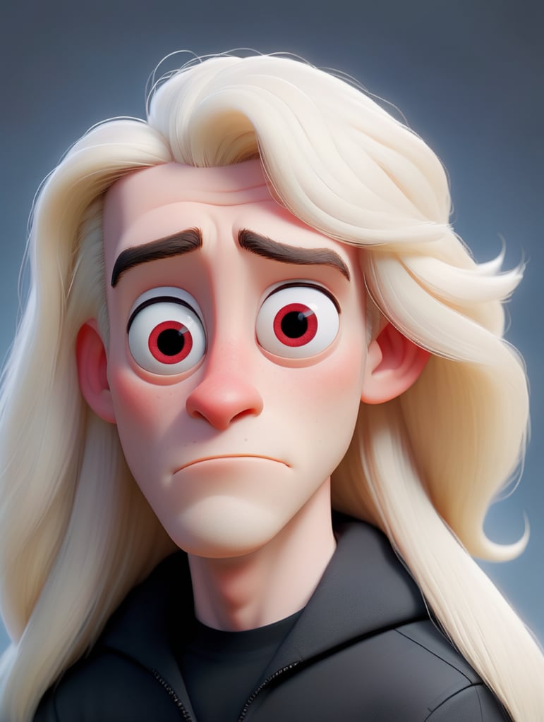 Young pale man, albino, very long blonde straight hair, red eye