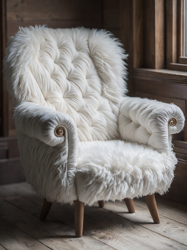 a white soft sheep chair, wood carved head and legs of the sheep, body is white wool