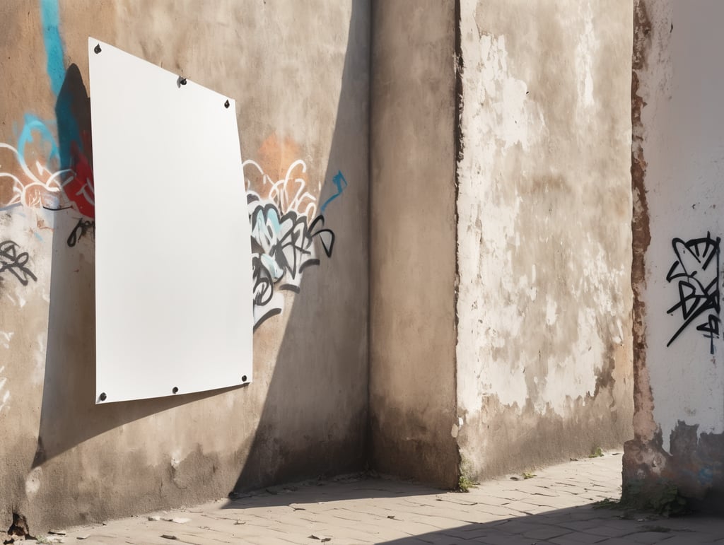 a white blank poster hangs on an old shabby wall with graffiti, the corner of the poster is bent, people are blurred, daylight, mockup, mock up