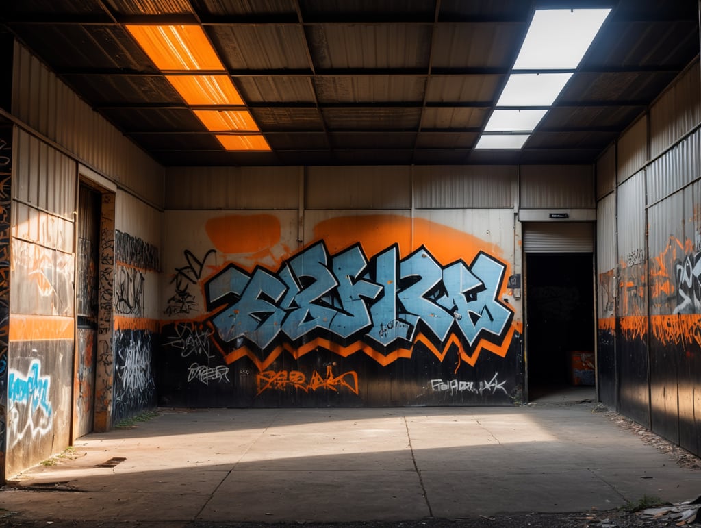 abandoned storage with graffiti, black, orange colors