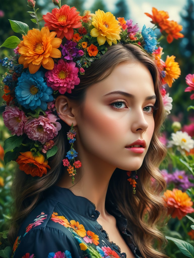 Girl in a blooming garden, fashion editorial, floral edition, millions of colorful flowers, analog fashion portrait, fashion photo of a portrait of a girl in profile with an open ear. Vivid saturated colors. Hdr