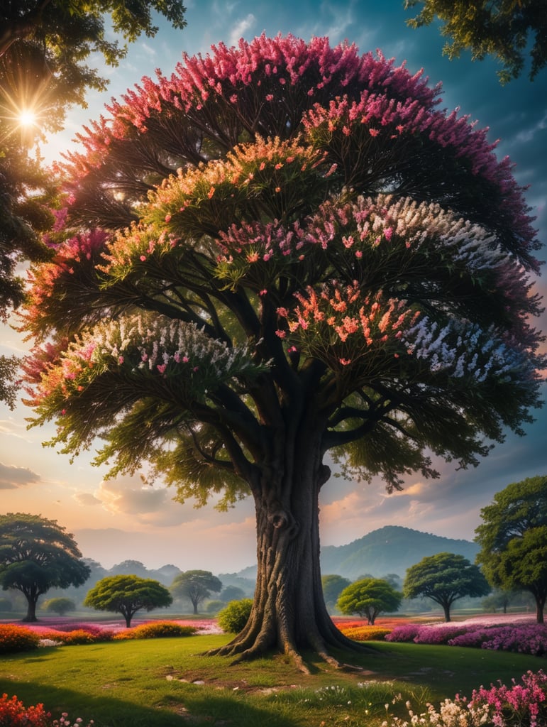 tree with flowers fantastic and otherworldly reality. The colors can be intense and vivid, with a big flowers not found in nature, perfect composition, beautiful art photography, concept art, soft cinematic, fireflies and coziness