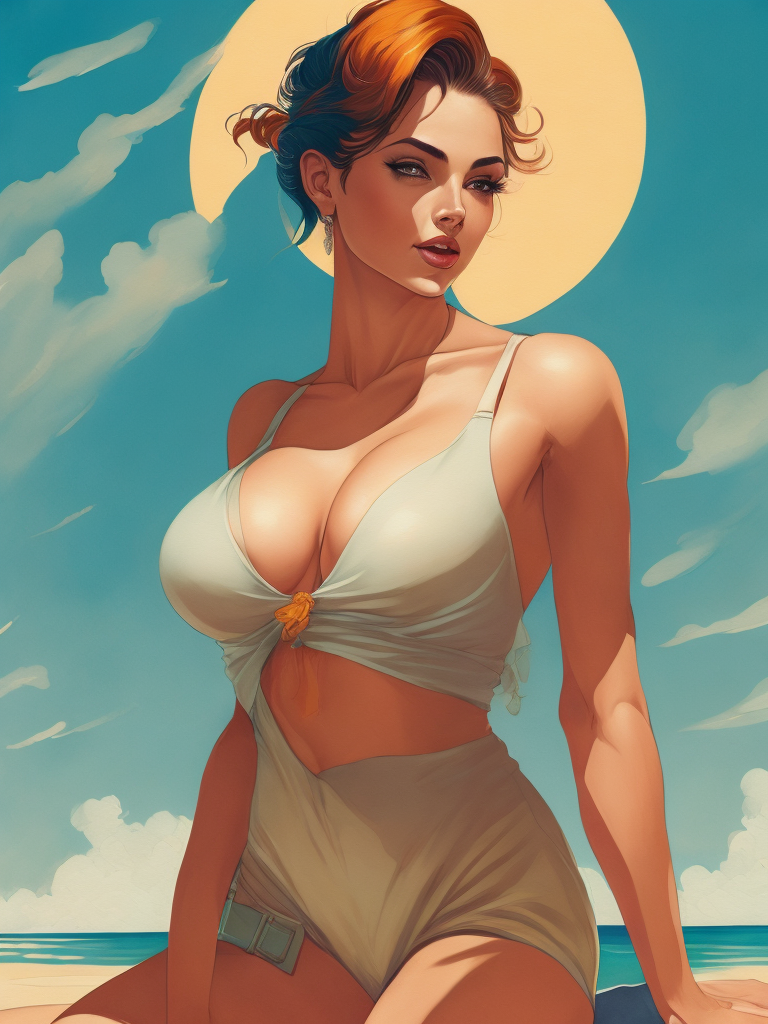 Realistic portrait of female pinup model in swimsuit sitting in a towel at a beach, in the style of art nouveau, alphose mucha, vintage, 60s, 4k, summer golden light, highly detailed, romantic, cinematic, colourful and bright