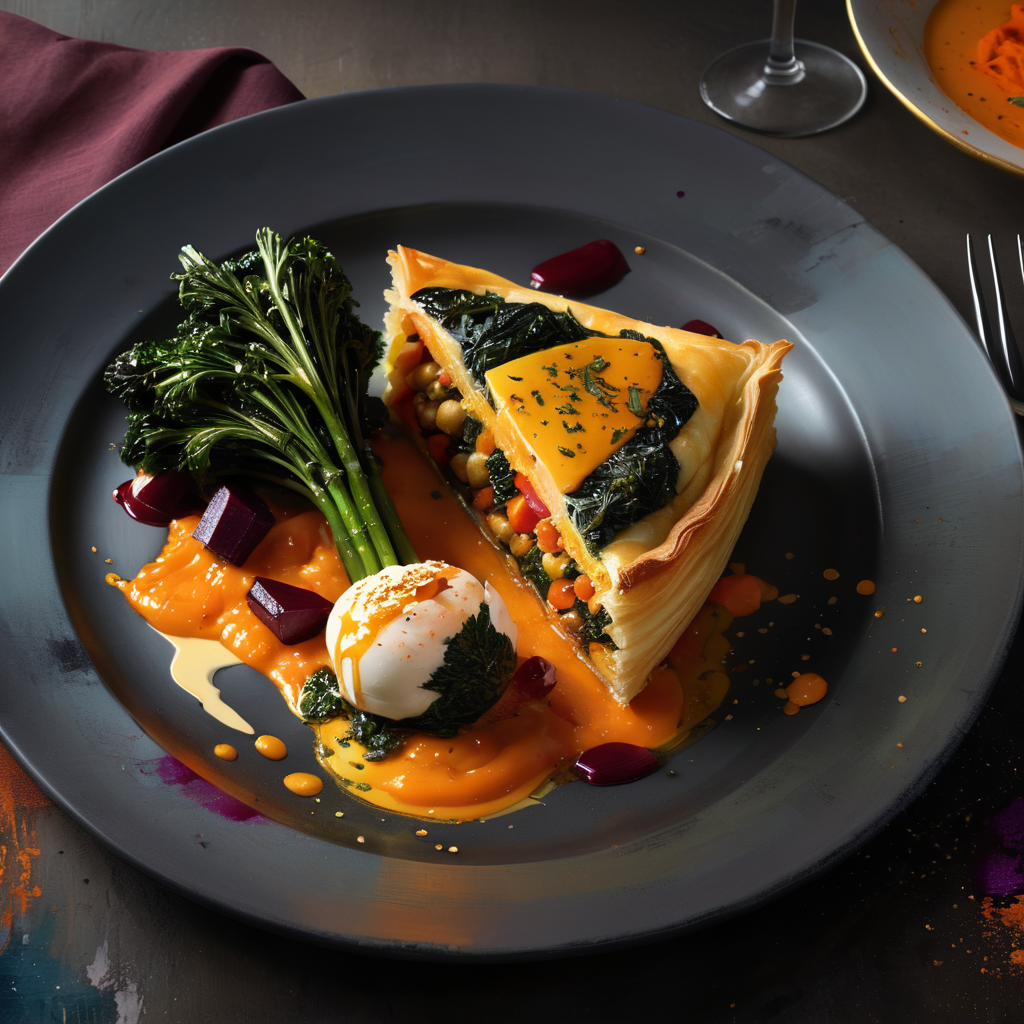 Golden Crusted Filo Pastry stuffed with roasted seasonal vegetables & served with roasted beetroots, creamy carrot puree & charred broccolini!