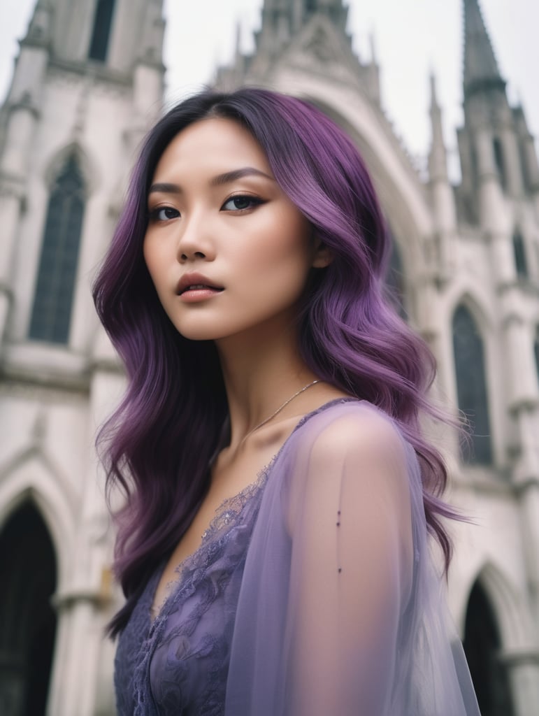 portrait of beautiful asian fashion model with vibrant purple hair, ethereal dreamy foggy, photoshoot by Annie Leibovitz, editorial Fashion Magazine photoshoot, fashion poses, in front of gothic cathedral architecture. Kinfolk Magazine. Film Grain. a soft smile