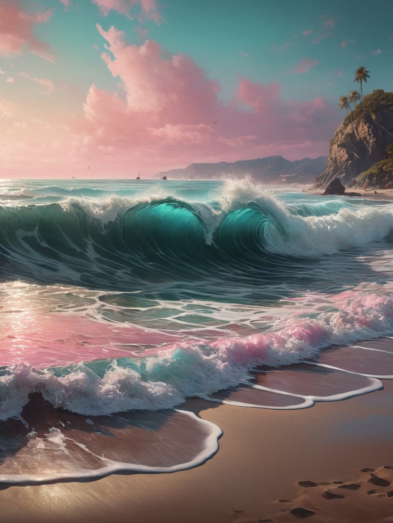 Beachy vibes with turquoise and pink gradients. waves and sand