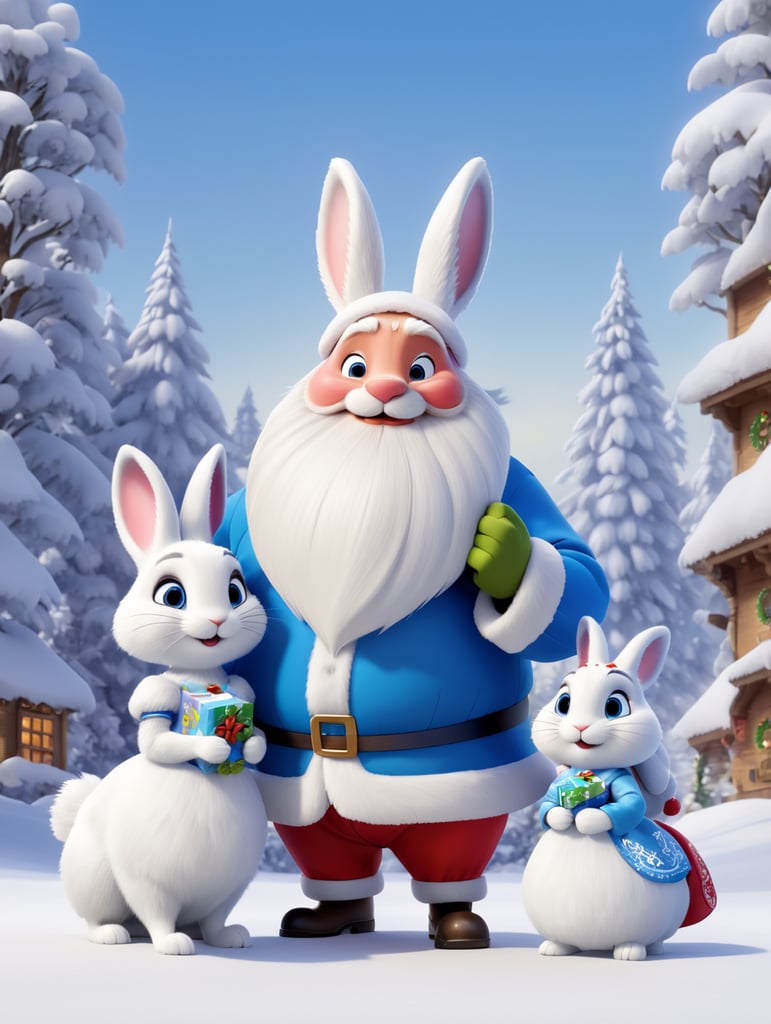 New year's card, Santa Claus and Snow Maiden, rabbit, deere, by Justin Gerard and Greg Rutkowski