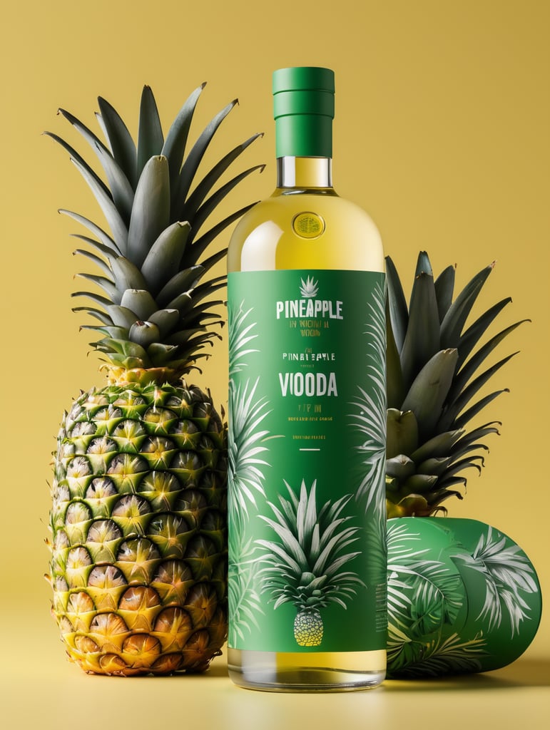 Packaging and branding for a pineapple vodka brand as if it had been designed by HI ESTUDIO with In a set design with pineapple, pineapple leaves, mockup