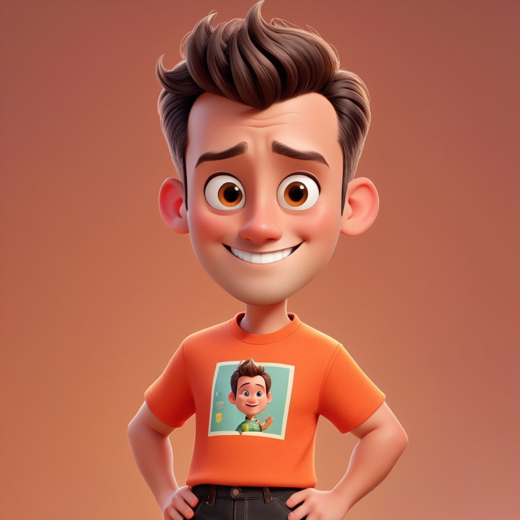make a post with a Disney Pixar style title, tall, cheerful man, with little hair, short hair, brown hair, straight hair, combed back, no beard, white skin color, with a large thin nose, with a thumb raised, with an orange t-shirt, with black jeans, with black dress shoes.