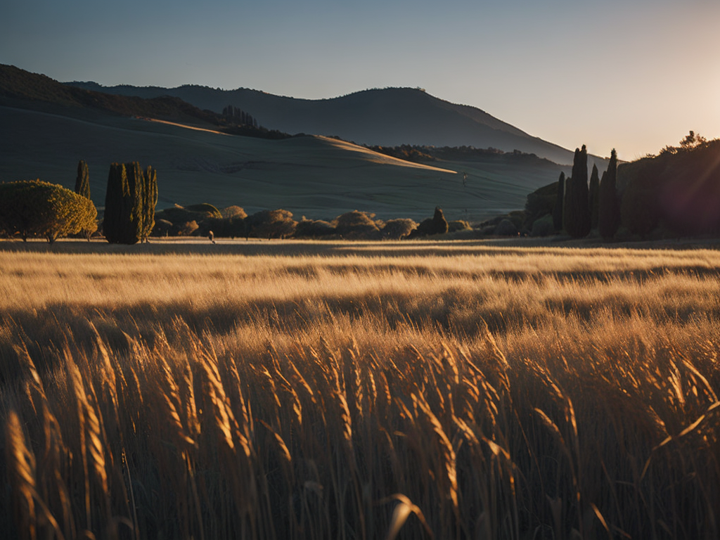 The field should be sprawling and filled with tall golden wheat, gently swaying with the breeze. A few scattered, ancient olive trees, their gnarled branches reaching up to the sky, dot the landscape. The sky above should be a magnificent mixture of warm oranges, pinks, and purples of the morning light, with the rising sun just peeping over the horizon. Nestled in the distant rolling hills, you can make out the silhouette of a charming Tuscan farmhouse, its red-tiled roof glowing in the dawn's first light. The overall atmosphere of the image should evoke a sense of peace and serenity, embodying the idyllic beauty of the Tuscan countryside.