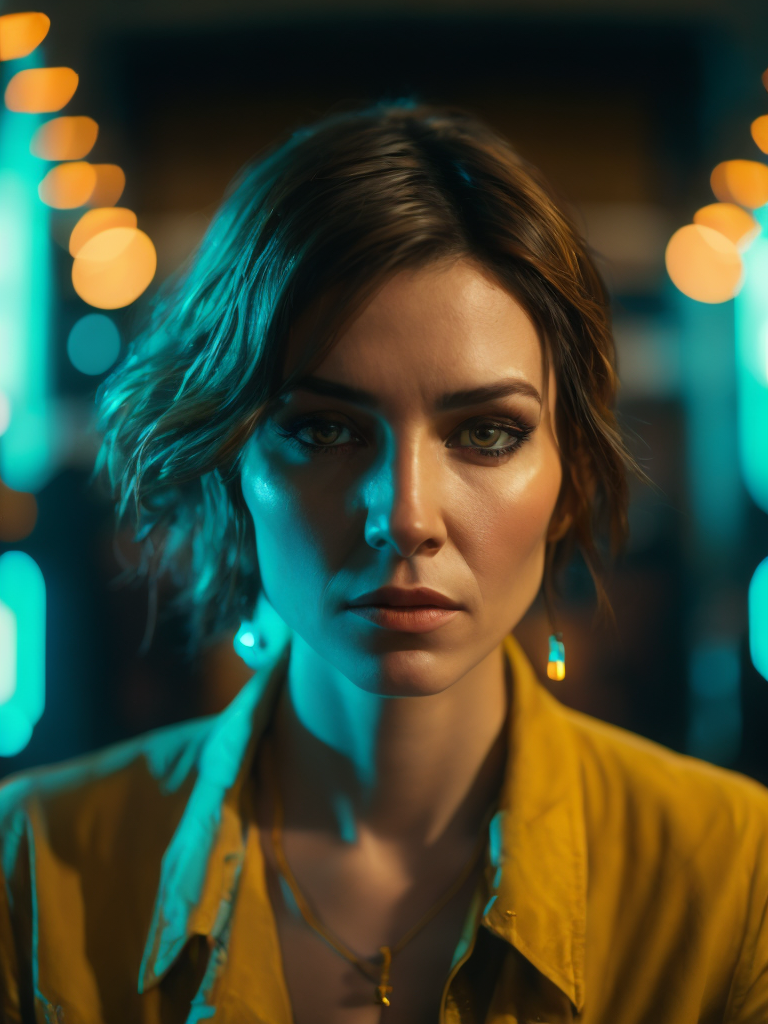 a women looks on the camera, yellow side lighting, focused gaze, canon 50 lens, focus on the face everything else is in blur, the blade runner scene.