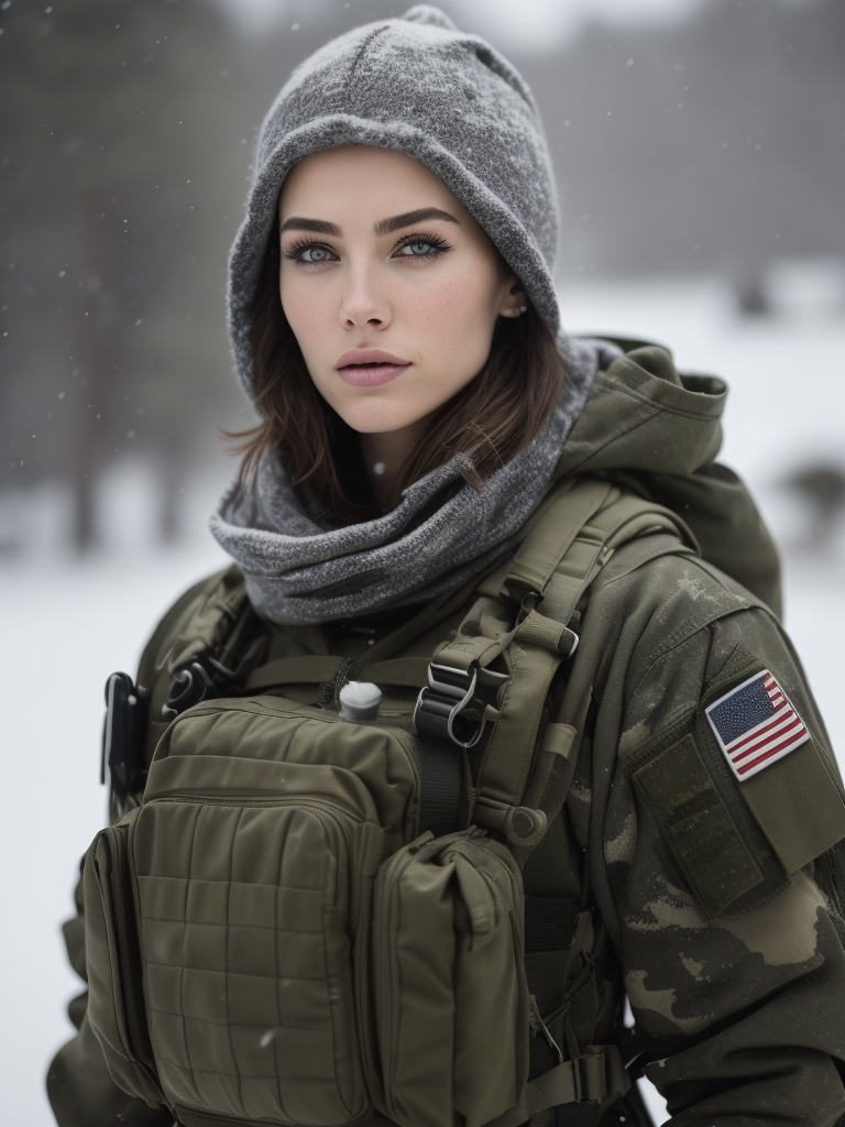 (photorealistic), beautiful lighting, best quality, realistic, full body portrait, real picture, intricate details, depth of field, 1girl, in a cold snowstorm, A very muscular solider girl with haircut, wearing winter camo military fatigues, camo plate carrier rig, combat gloves, (magazin pouches), (kneepads), highly-detailed, perfect face, blue eyes, lips, wide hips, small waist, tall, make up, tacticool, Fujifilm XT3, outdoors, bright day, Beautiful lighting, RAW photo, 8k uhd, film grain, ((bokeh))