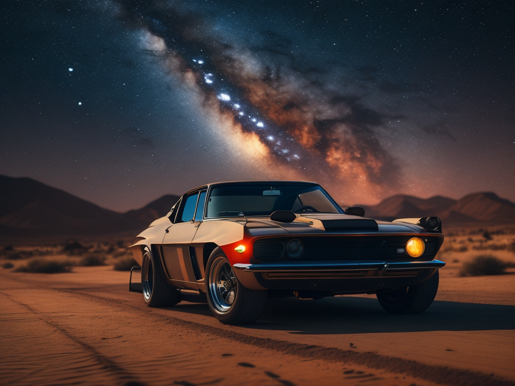Retro Sports car in the desert at night, neon interior lighting, photorealistic, high definition, photography, cinematic, photography, starry sky background