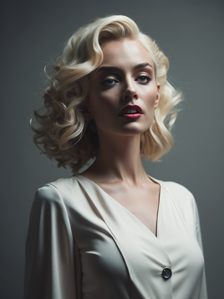 Portrait of Marilyn Monroe, ultra realistic, blonde hair, white dress, bright makeup, gradient background,