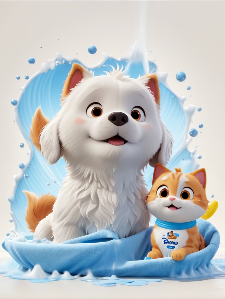 cão e gato a tomar banho com shampo e toalha