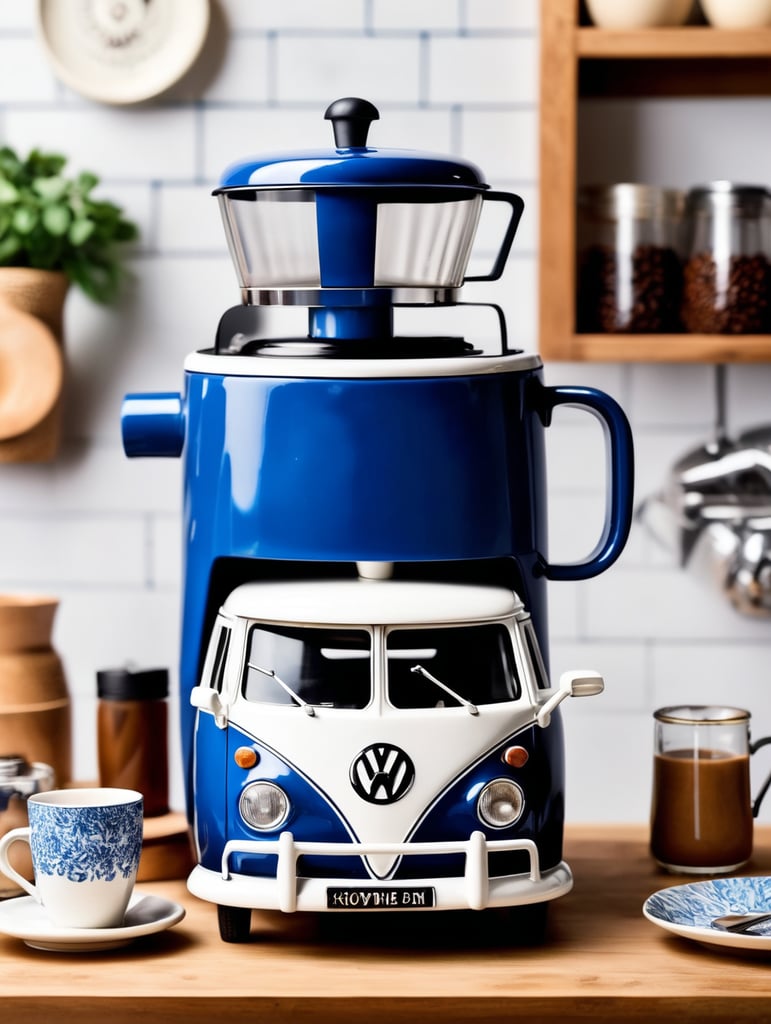 a vintage coffee maker shaped like a blue and white volkswagen kombi, grain grinder on top, coffe mug, kitchen, realistic