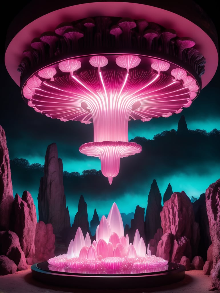 dark cave, luminescent mushrooms grow from below, stalagmites grow from above on the ceiling, on the background, in the middle on a natural pedestal there is a tablet, which exudes neon lighting, in which you can see a dashboard and a program for earning money - this is the main element of the composition, around it a small number of glowing pink crystals - symbolizing earnings, on the ceiling on the background hangs down the head of a flying mouse with wings spread out