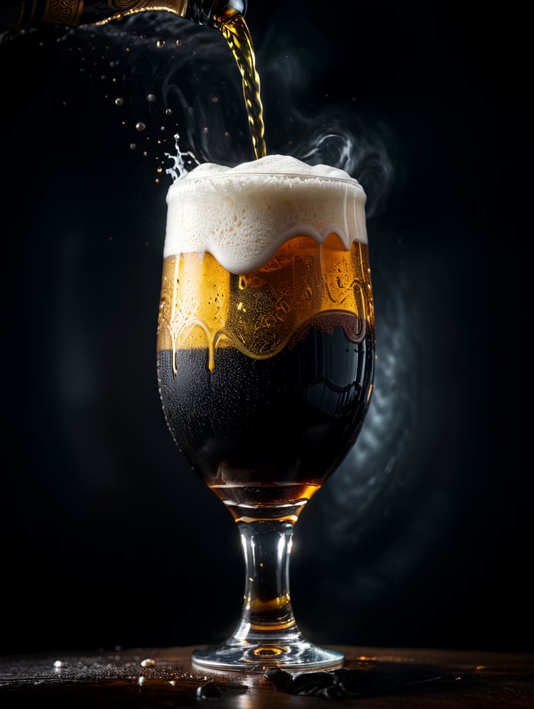 professional photo of a black beer glass, Beer foam coming out of a glass, isolated, black background