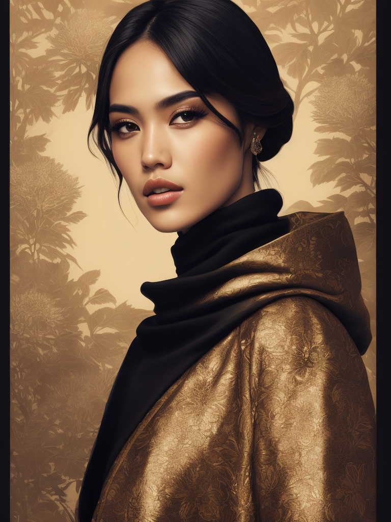 eiza gonzález portrait by ikenaga yasunari and ayana otake and ko rakusui, 6 0 s poster, drawing, realistic, sharp focus, japanese, dreamy, nostalgia, faded, golden hues, clothes with floral pattern