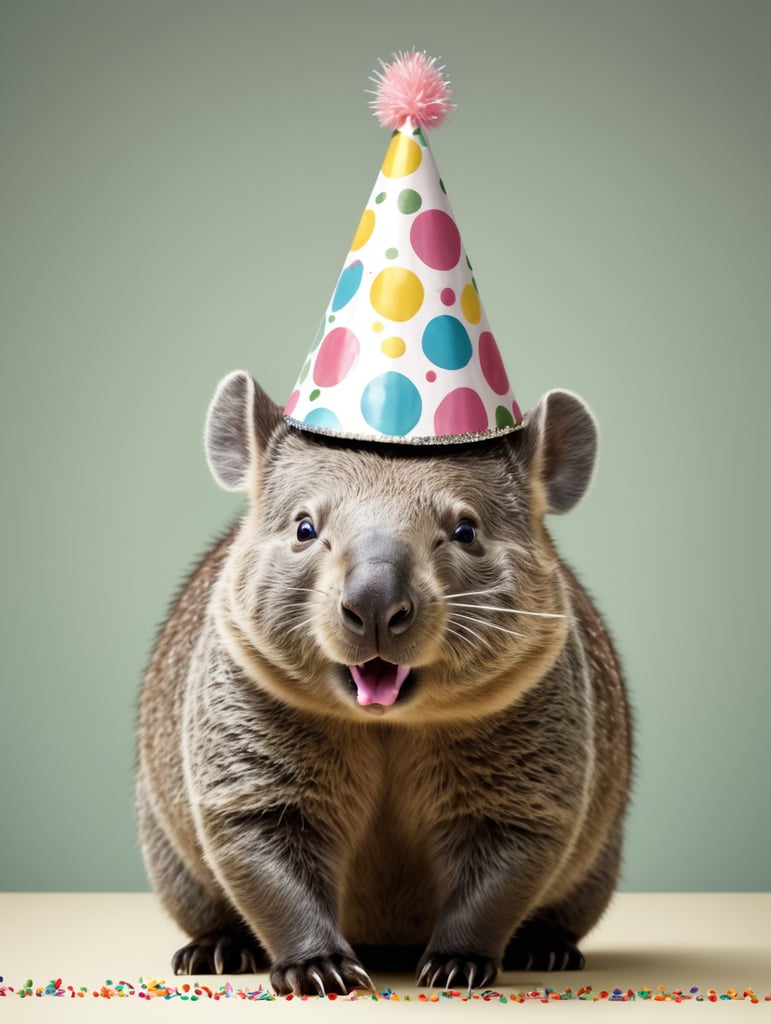 A wombat with a birthday cake and a party hat on its head, hyper realistic
