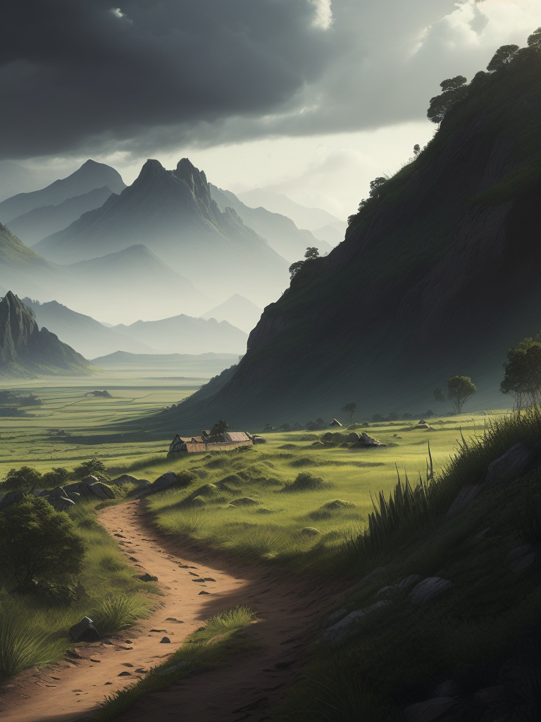 a beautiful fantasy landscape with a dirt road going through a green countryside, digital painting by Noah Bradley