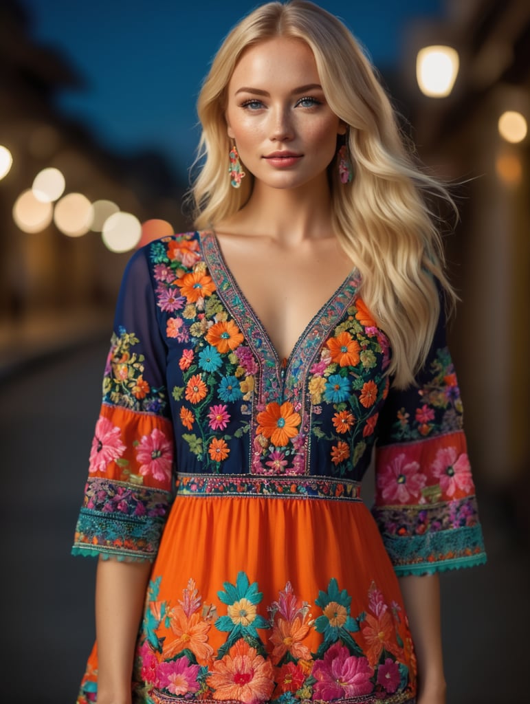 Beautiful blonde woman with freckles, wearing a colorful, vibrant, detailed embroidered dress, medium-full shot, at night