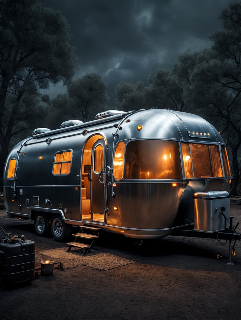 Futuristic alien Airstream camping trailers, steampunk and neon, cyber technology