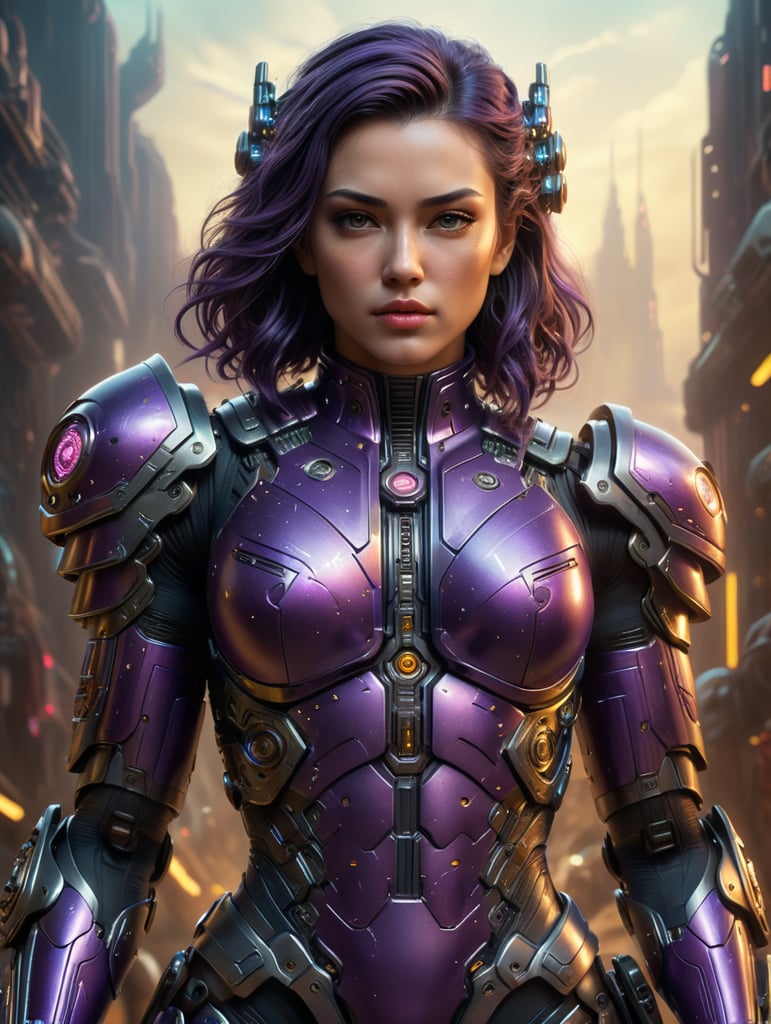 Cyberpunk, sci-fi woman, fantasy, kodak portra 400, 8k, soft light, volumetric lighting, highly detailed, goddess of victory style, skin formed by digital optical fiber, intricate, elegant, highly detailed, digital painting, concept art, smooth, sharp focus, comic illustration,full body, armor star wars, dark hair, muscular,full purple body suit