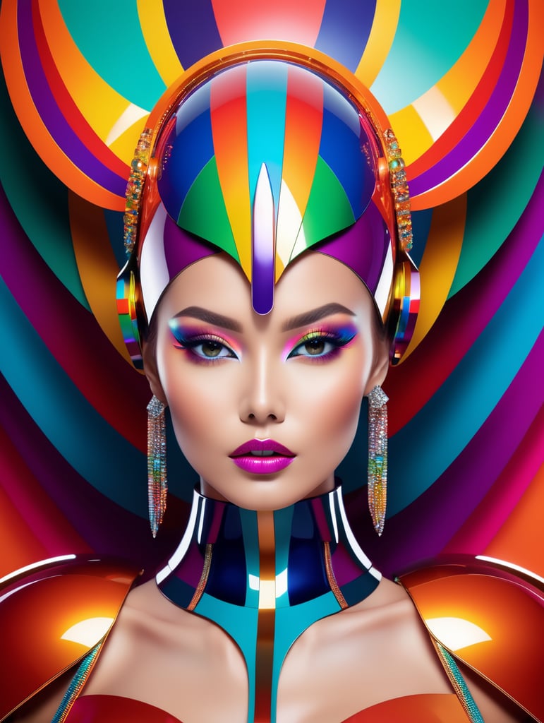 A beautiful female multicoloured pop sleek futuristic with huge headpiece center piece, clean makeup, with depth of field, captured in vivid colors, minimalist posterstyle