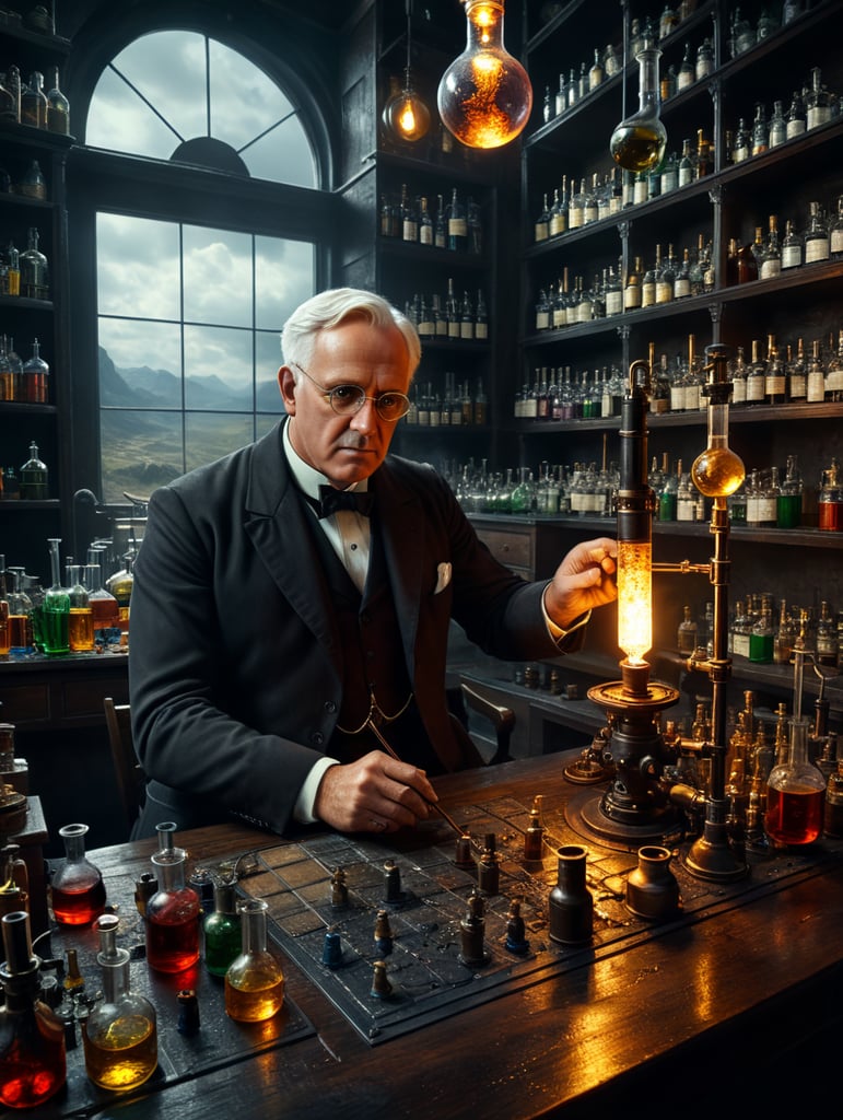 Alexander Fleming in a lab mixing chemicals