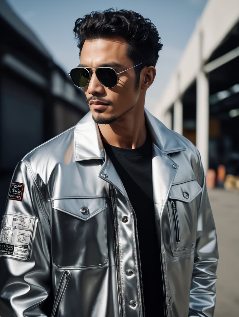 Jacket, futurist, mechanic, silver, shot on leica, fashion portrait, by kith