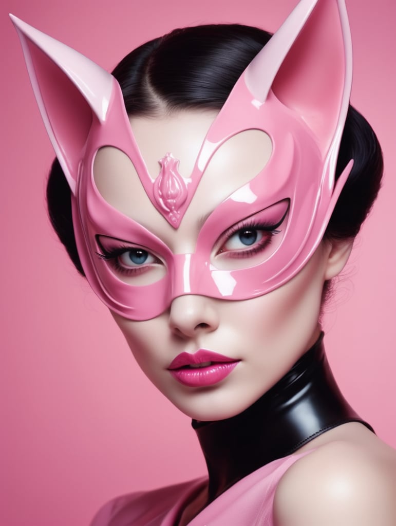 Close up portrait photography, of a gorgeous lady, wearing a pink cat woman mask, 80 degree view, art by sergio lopez, natalie shau, james jean and salvador dali