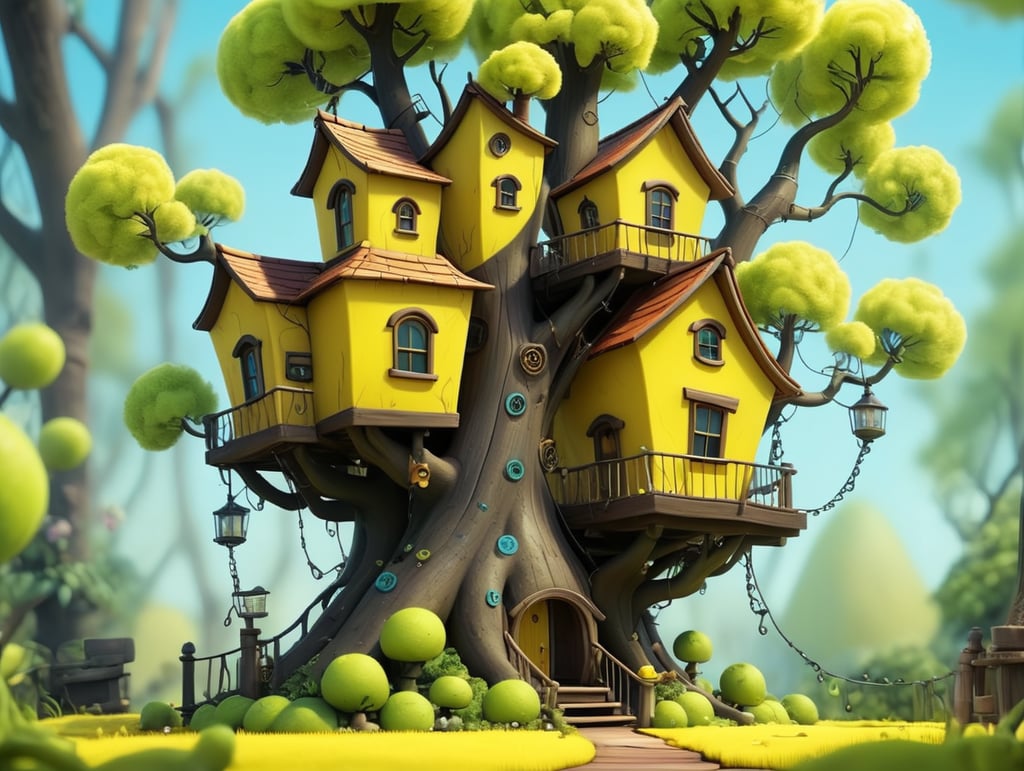An elaborate, whimsical, bright yellow treehouse in the style of Tim Burton on a bright sunny day. The tree's leaves are an electric lime green color. the tree trunk is a dark brown.
