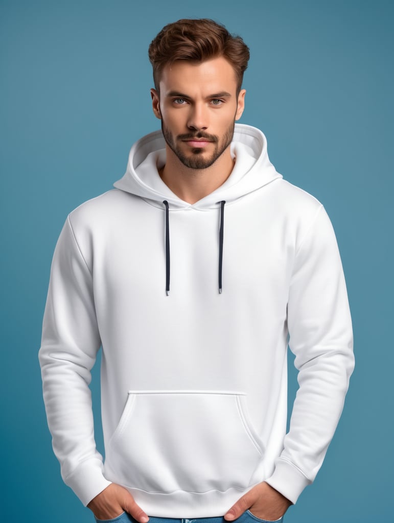 photography of a man wearing blank white hoodie, isolated, blue background, style of James Bidgood, mockup, mock up