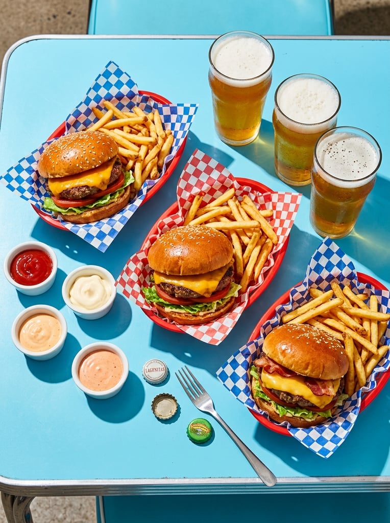 An overhead arrangement of three thick cheeseburgers and crispy french fries served in plastic diner baskets lined with striking red-and-white and blue-and-white checkered paper. The meal rests on a solid bright light-blue surface alongside three tall glasses of golden beer with frothy white heads. Small ceramic ramekins hold vivid dollops of ketchup, mayonnaise, and pink dipping sauce near scattered metal bottle caps. Hard, direct lighting casts sharp, deep diagonal shadows across the composition, creating a vibrant, high-saturation commercial food photography style that emphasizes the rich textures of toasted buns, fresh lettuce, and melted cheese against the punchy pastel background.