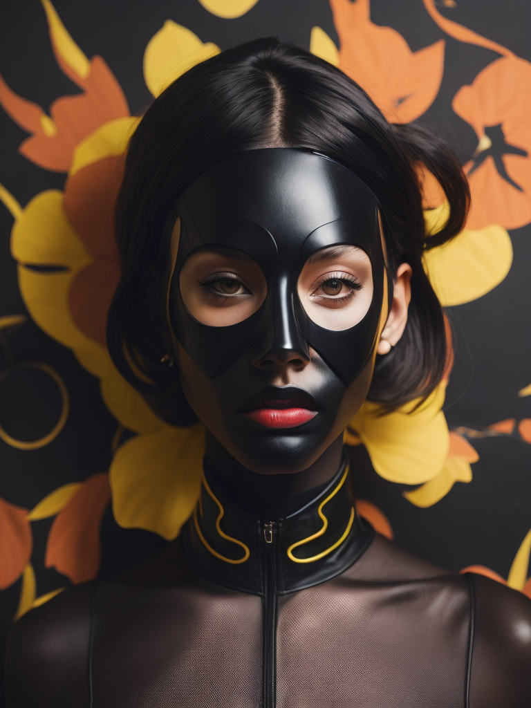 Fashionable portrait of Leela Turanga, dreaming, scary cyclops mask with one eye, latex and pvc vinyl, vantablack background, photographed by Jimmy Marble and Giuseppe Arcimboldo, medium shot fashion, award winning photography,