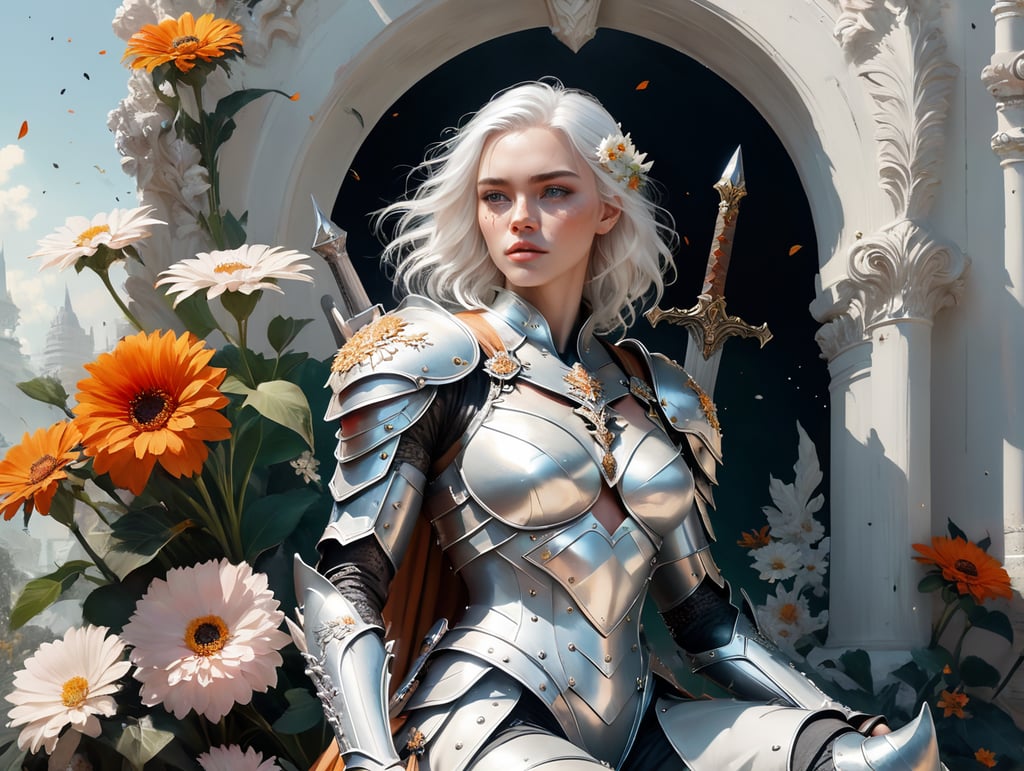 Beautiful white woman + warrior + white hair + grey eye + freckles + armor engraved with flowers + white flower background + freckles + huge claymore sword + sitting on a large white flower sculpted throne