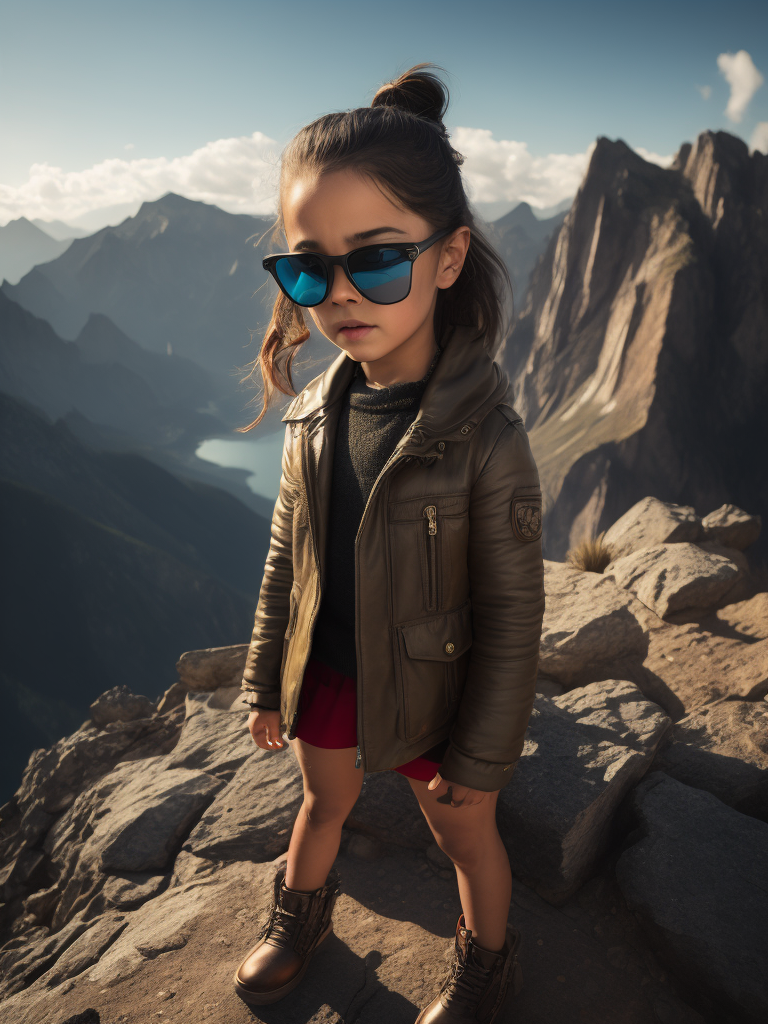 create one beautiful girl with 6years old. She will stand on mountain and wear sun glass.