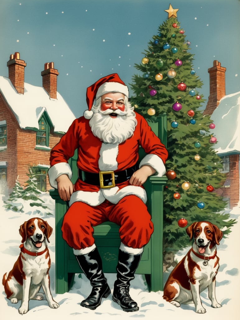 Illustration of a Santa in the style of Donald Fraser Gould McGill and a Bamforth postcard