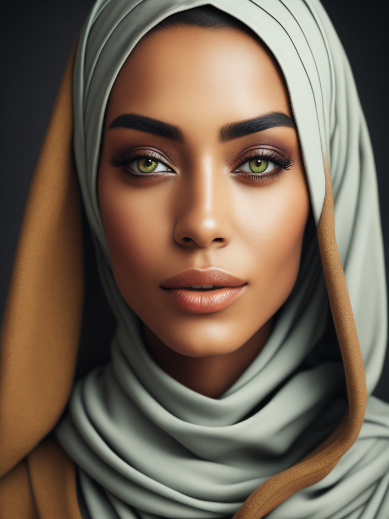 Portrait of hijab green eyes woman, white skin, brown oval eyebrows, smiling, bright and saturated colors, elegant, highly detailed, vogue, fashion magazine, sharp focus, bright expressive makeup, dramatic lighting, depth of field, incredibly high detailed, blurred background