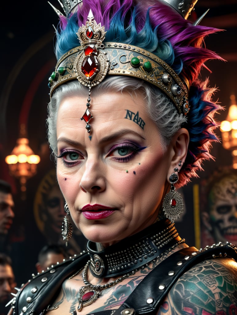 Queen Elizabeth as a punk rocker, full face, tattoos, piercing