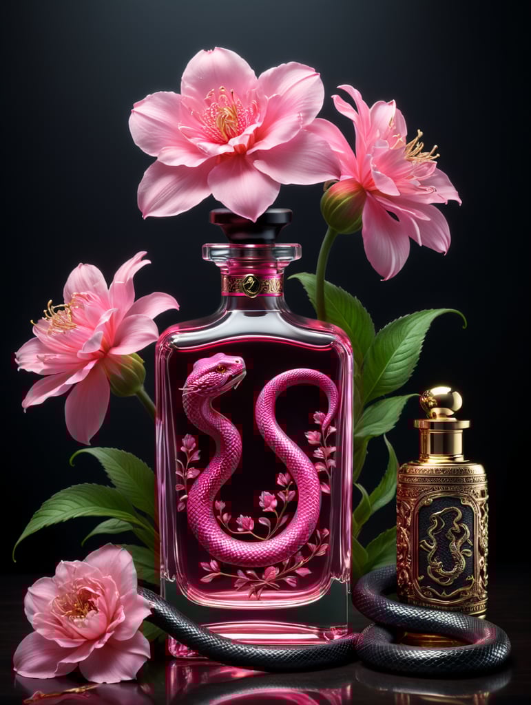 neon pink flowers, Minimalist perfume bottle, snake next to bottle