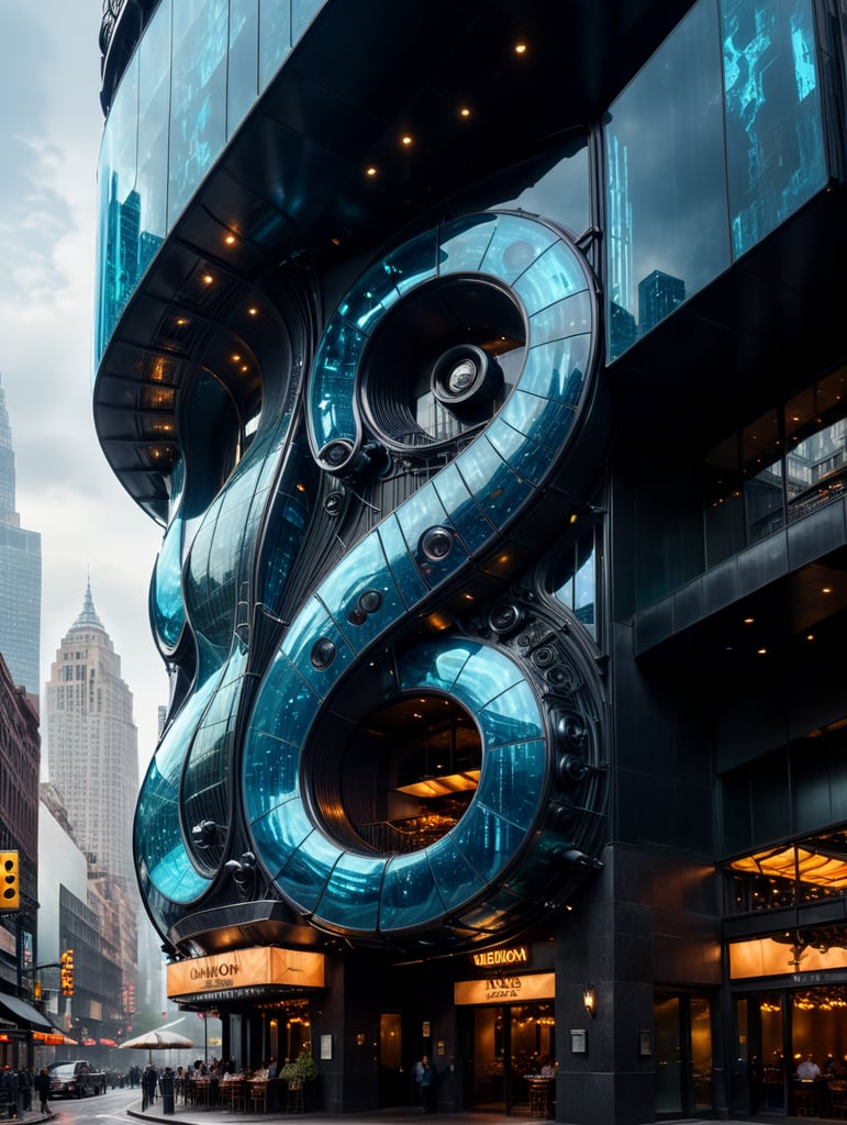 A futuristic neocosmic architectural facade of à Restaurant on the form of a musical note, in New York city, in blue glass, hyper realistic, hyper detailed, Nikon camera