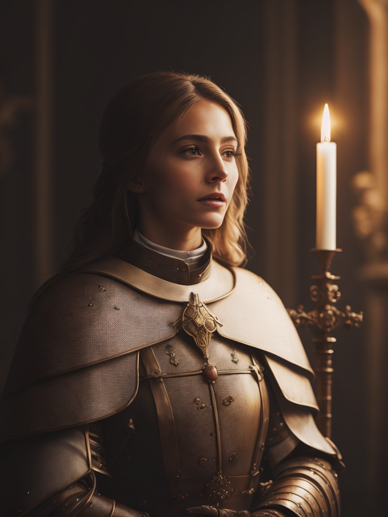 Joan of Arc, Medieval France, Petite and Lean, Armor with a White Surcoat and Cross, Adobe Photoshop, Realistic Digital Painting, Historical Portrait, High Resolution, Warm Candlelight, Symbolic Art, Brave, Resolute Expression, Inspirational Atmosphere