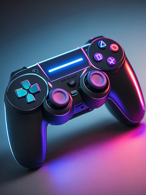 Design a futuristic, neon-colored gaming controller in the style of a playstation controller, glowing neon, semitransparent, deep vibrant colors, high details