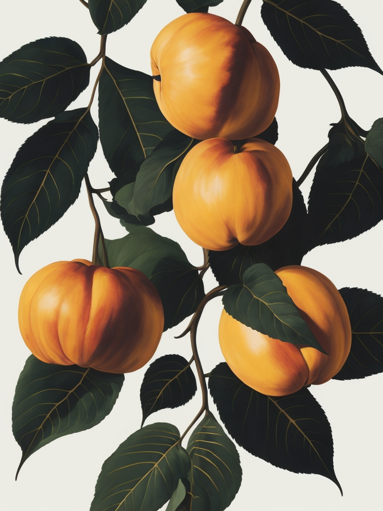 Peaches With Leaves, Flat, Tamara Lempicka, White Background, Art Deco, Photoillustration