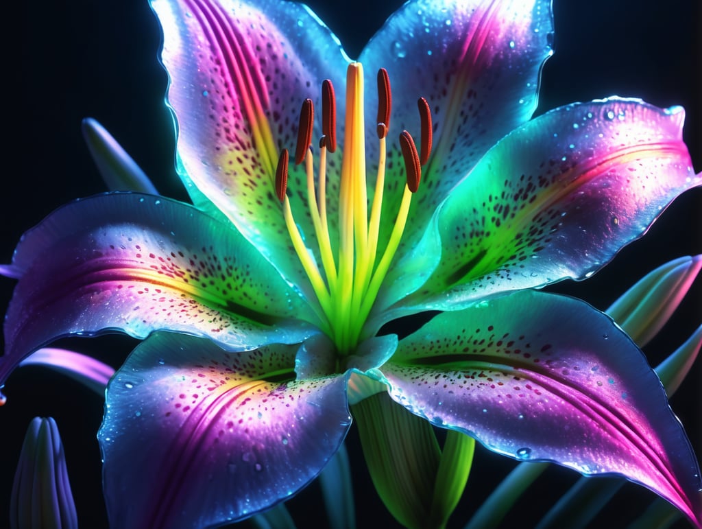 bioluminescent flower Lily, hyper detailed rendering, 4k, magic light, neon watercolours